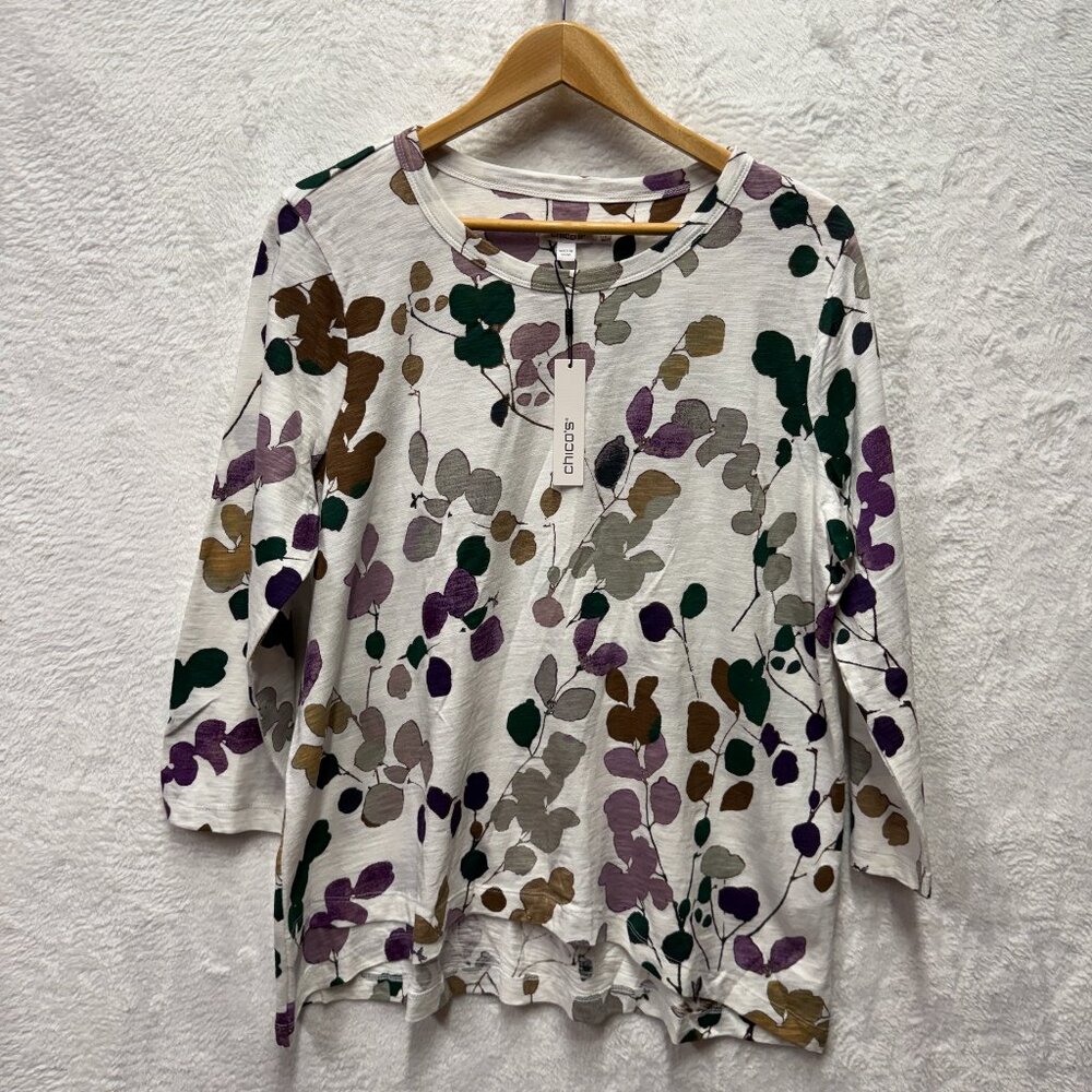 Chico's Sprigs Overlap Hem Tunic Top Womens XL Alabaster Slub Cotton 3/4 Sleeve